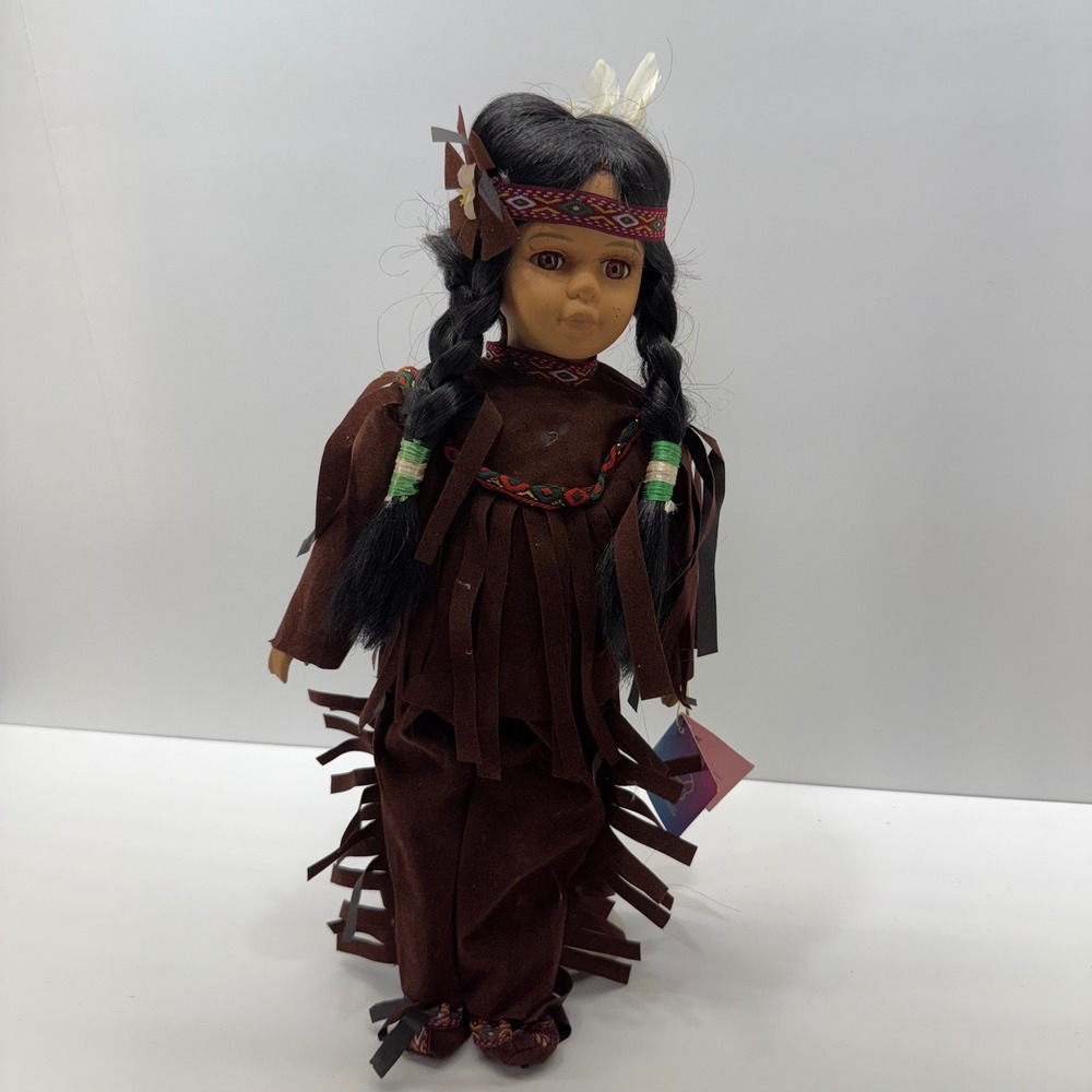 Ashley Belle Porcelain Keepsake Doll 16 Inch Brown Fringed Indigenous Stand